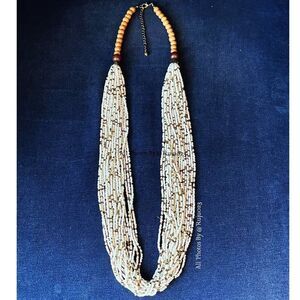 Vintage Glass Beads Long Multi Strand Statement Necklace White Brown Adjustable